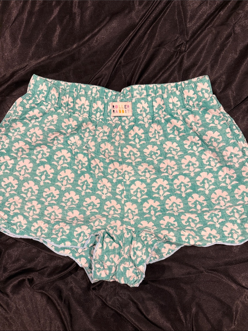 Roller Rabbit Teal and White Floral Scalloped Lounge Shorts